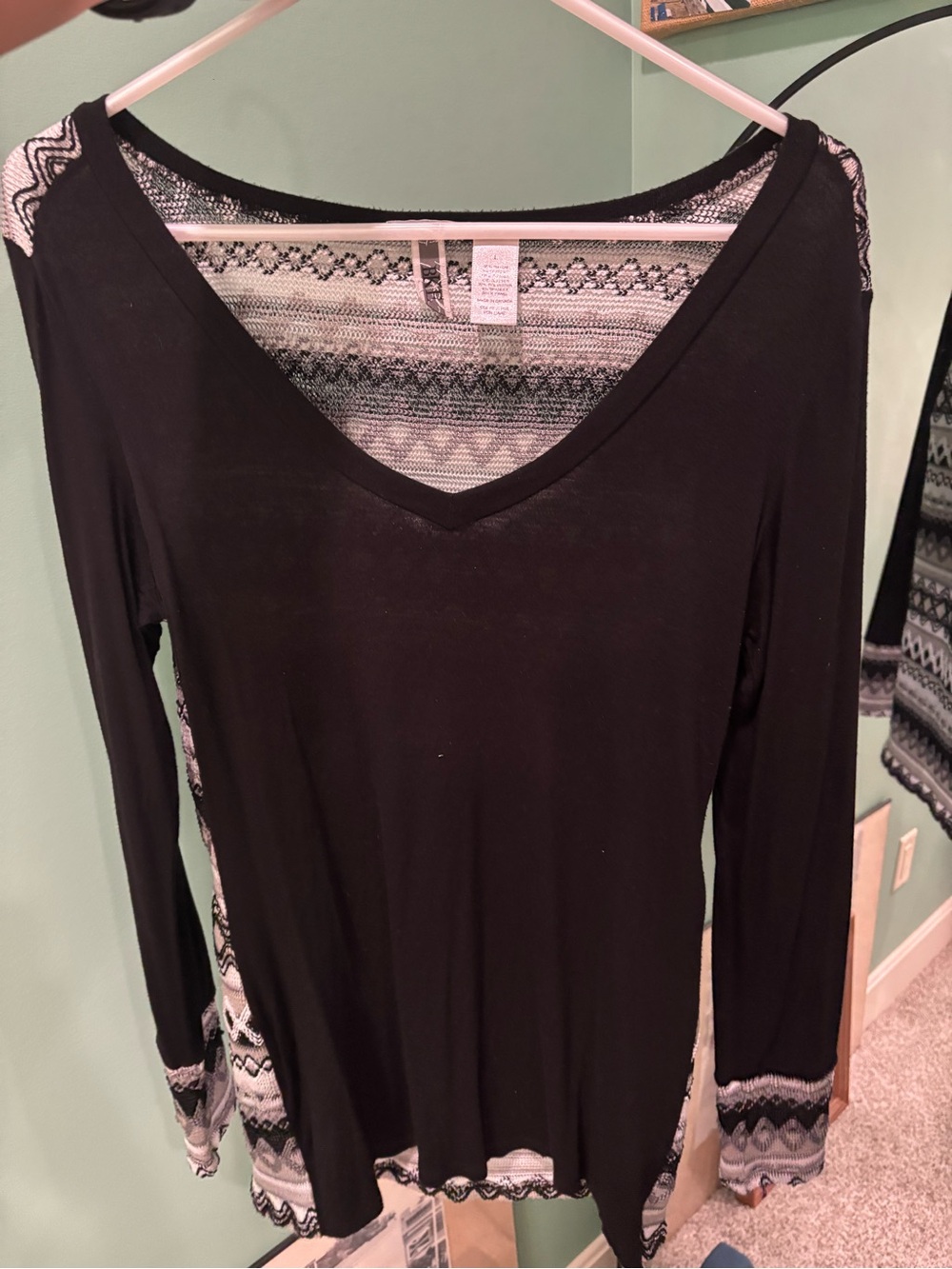 BKE Black Sweater with Gray and White Patterned Trim